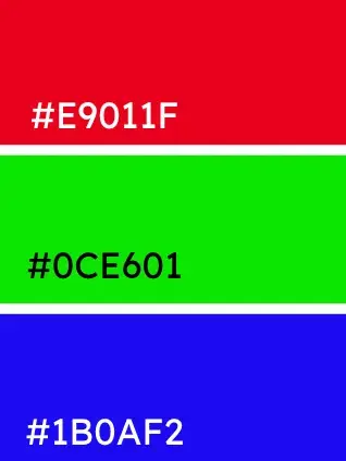 Vivid triadic scheme using the traditional color wheel: Bright red, bright lime green, bright royal blue. Hex codes: #E9011F, #0CE601, #1B0AF2.