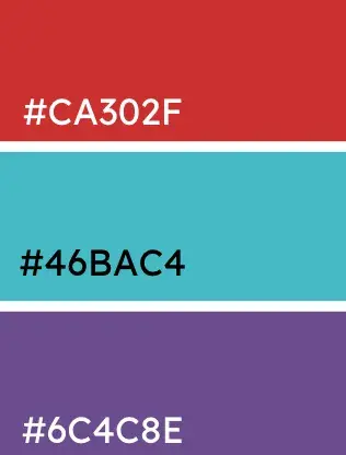 Triadic color scheme using Donahue’s Colordisk: Red, aqua, medium purple. Hex codes: #CA302F, #46BAC4, #6C4C8E.