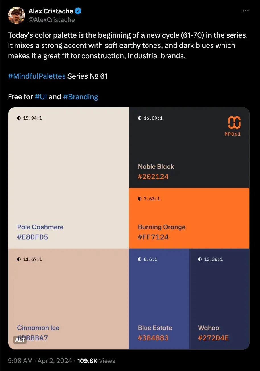 Tweet from @AlexCristache: “Today’s color palette is the beginning of a new cycle (61-70) in the series. It mixes a strong accent with soft earthy tones, and dark blues which makes it a great fit for construction, industrial brands. #MindfulPalettes Series No. 61. Free for #UI and #Branding.” 