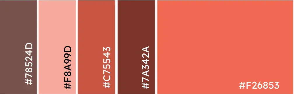 Palette of terracottas and red-browns. Hex codes: #78524D, #F8A99D, #C75543, #7A342A.