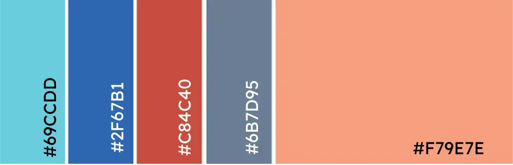 Split complementary color palette. Hex codes: #69CCDD, #2F67B1, #C84C40, #6B7D95, #F79E7E.