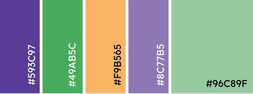 Triadic color palette. Hex codes: #593C97, #49AB5C, #8C77B5, #96C89F.