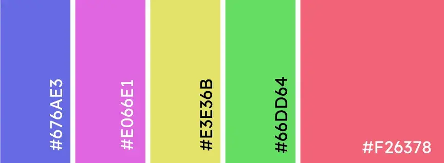 Rectangular color palette. Hex codes: #676AE3, #E066E1, #E3E36B, #F26378.