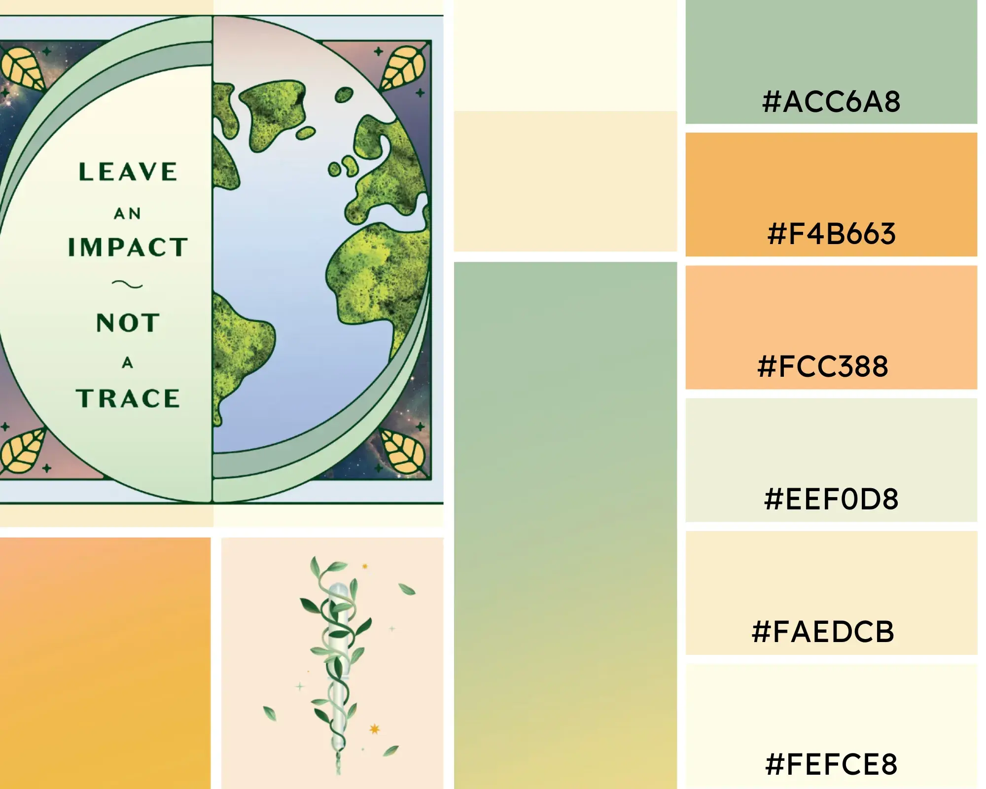 Screen caps from the Your Daye website with corresponding color palette. Hex codes: #ACC6A8, #F4B663, #FCC388, #EEF0D8, #FAEDCB, #FEFCE8.