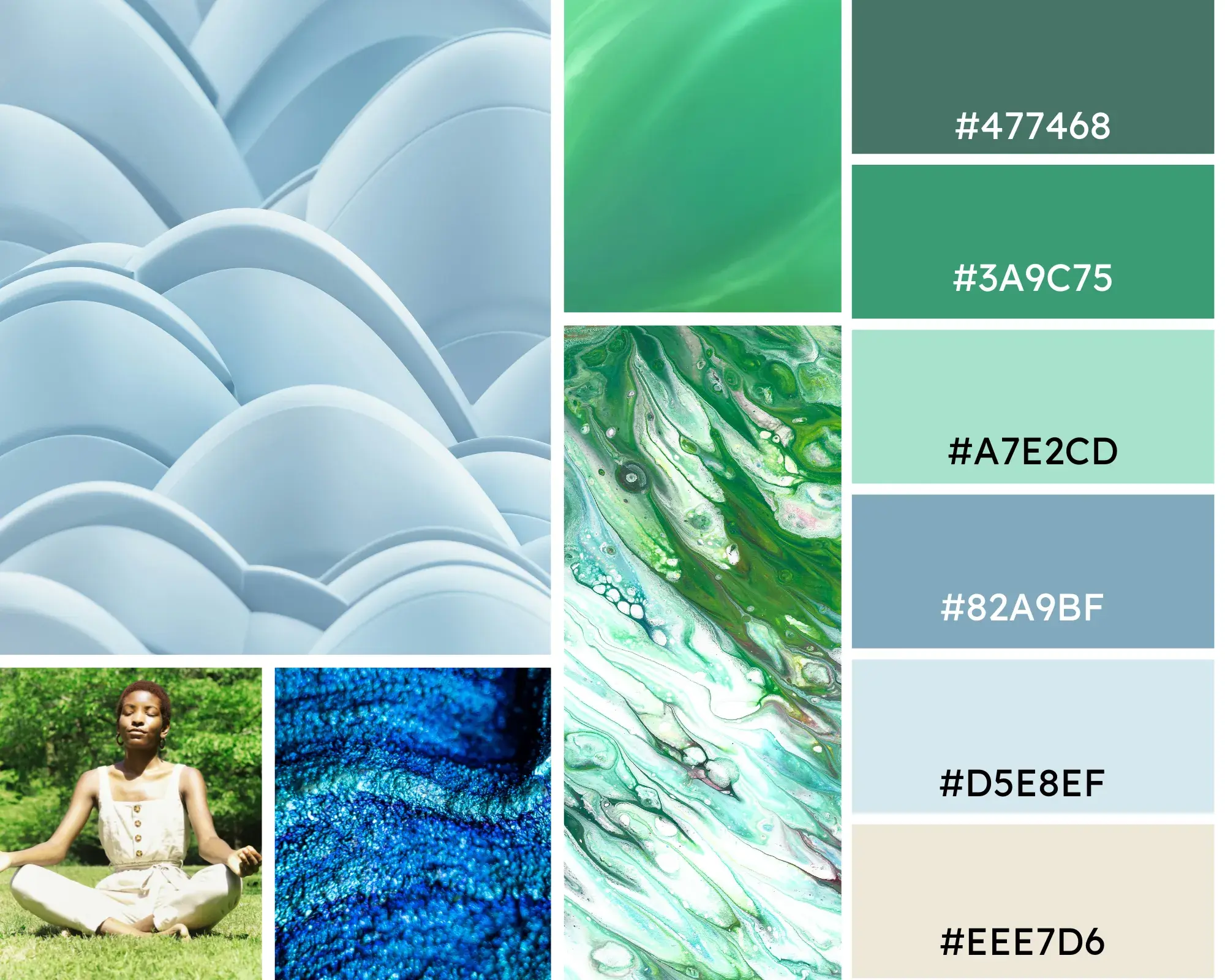 Photo collage of green marble, abstract round shapes, and a woman meditating on green grass, with a corresponding color palette. Hex codes: #477468, #3A9C75, #A752CD, #82A9BF, #D5E8EF, #EEE7D6.