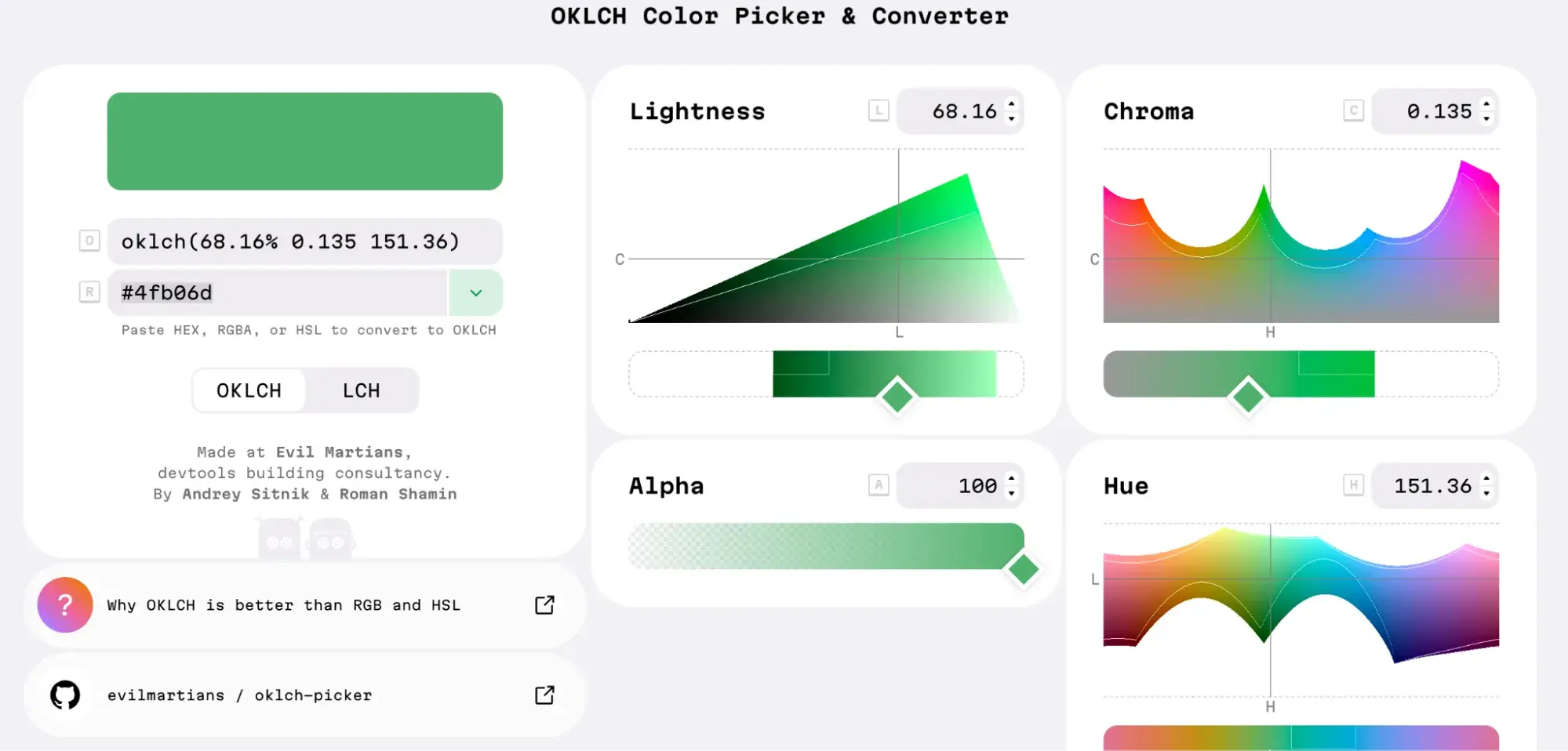 Screencap of OKLCH Color Picker and Converter, showing graphs for lightness, alpha, chroma, and hue.