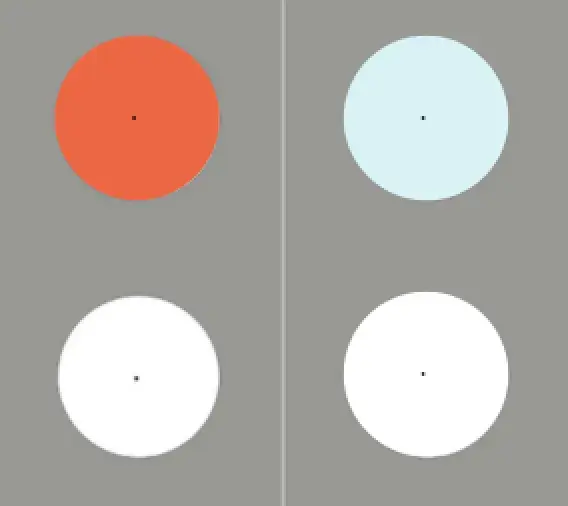 Four circles on a medium-gray background. The top left circle is the bright HubSpot orange, and the top right circle is a pale blue. The bottom circles are both white.