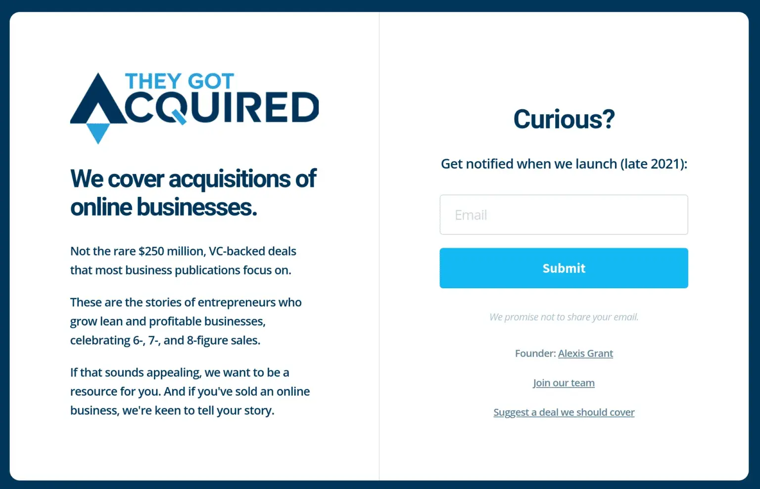 Coming soon landing page from They Got Acquired