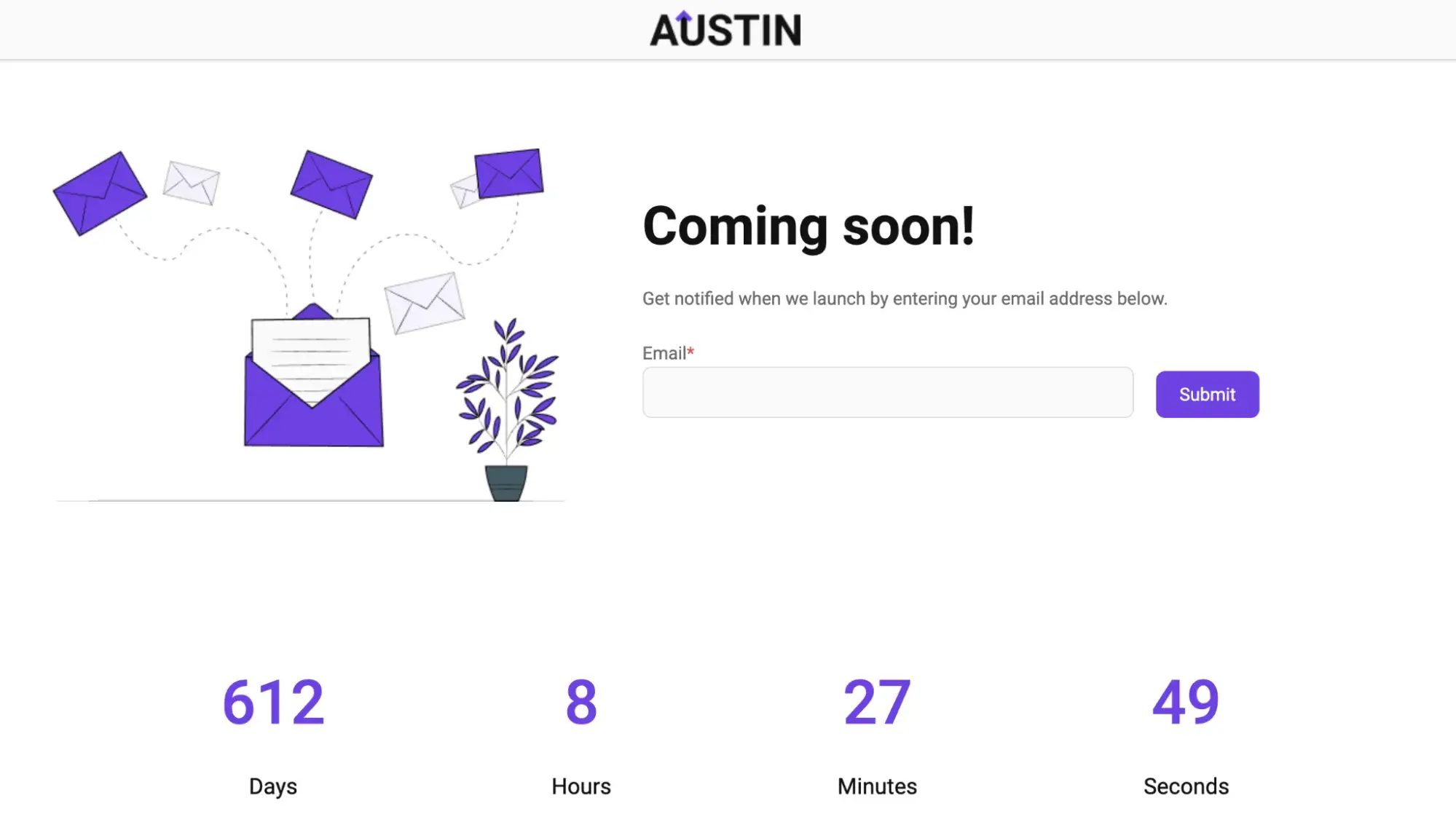 Coming soon page created using the Austin theme from HubSpot