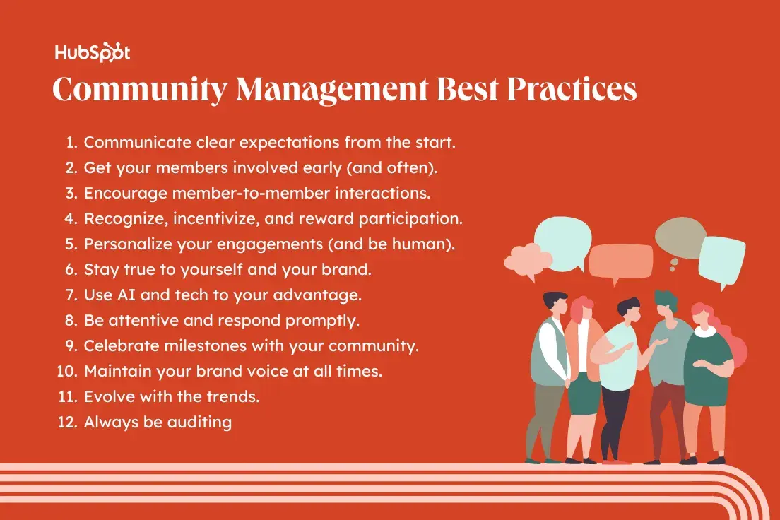 Community management best practices, communicate clear expectations from the start, engage your members early (and often), encourage member-to-member interaction, recognize, encourage and reward participation, personalize your engagement (and be human ), stay true to yourself and your brand, use AI and technology to your advantage, be focused and react immediately, celebrate milestones with your community, always maintain your brand voice, evolve with trends, always audit