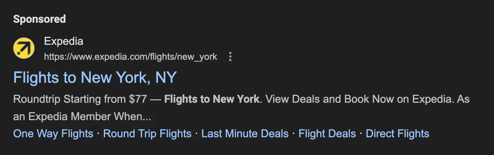 Expedia Sponsored link in search results when Googling “Flights LA to NYC.”