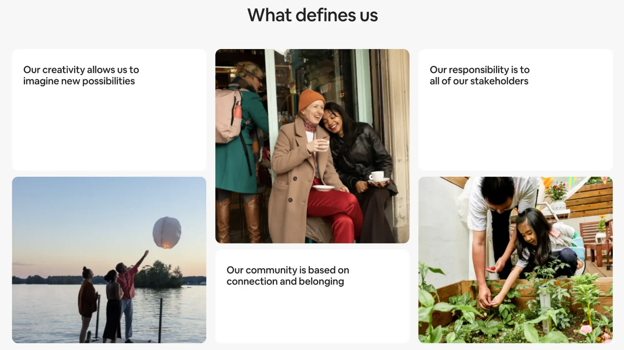 Airbnb “What defines us” section with three distinct messages true to the brand.