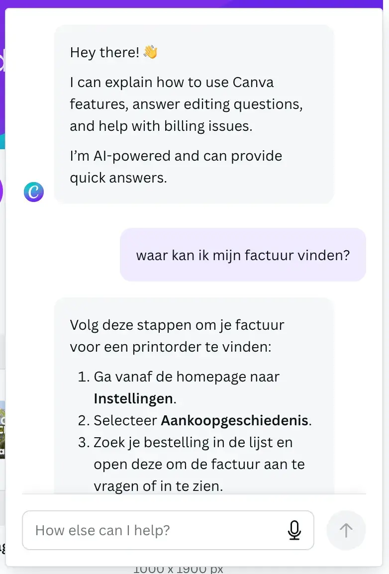 contact center ai: Screenshot of Canva’s multilingual chatbot