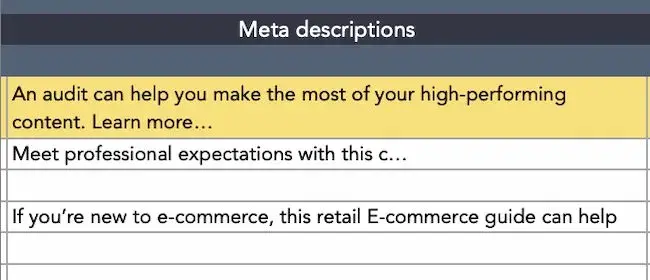 Meta descriptions section in a content review template, content review