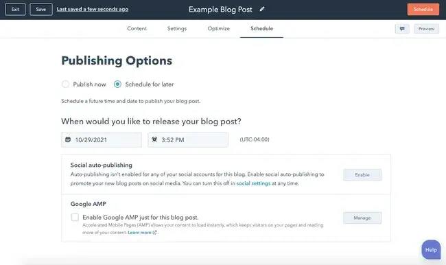 Scheduling tab in HubSpot's blog editor