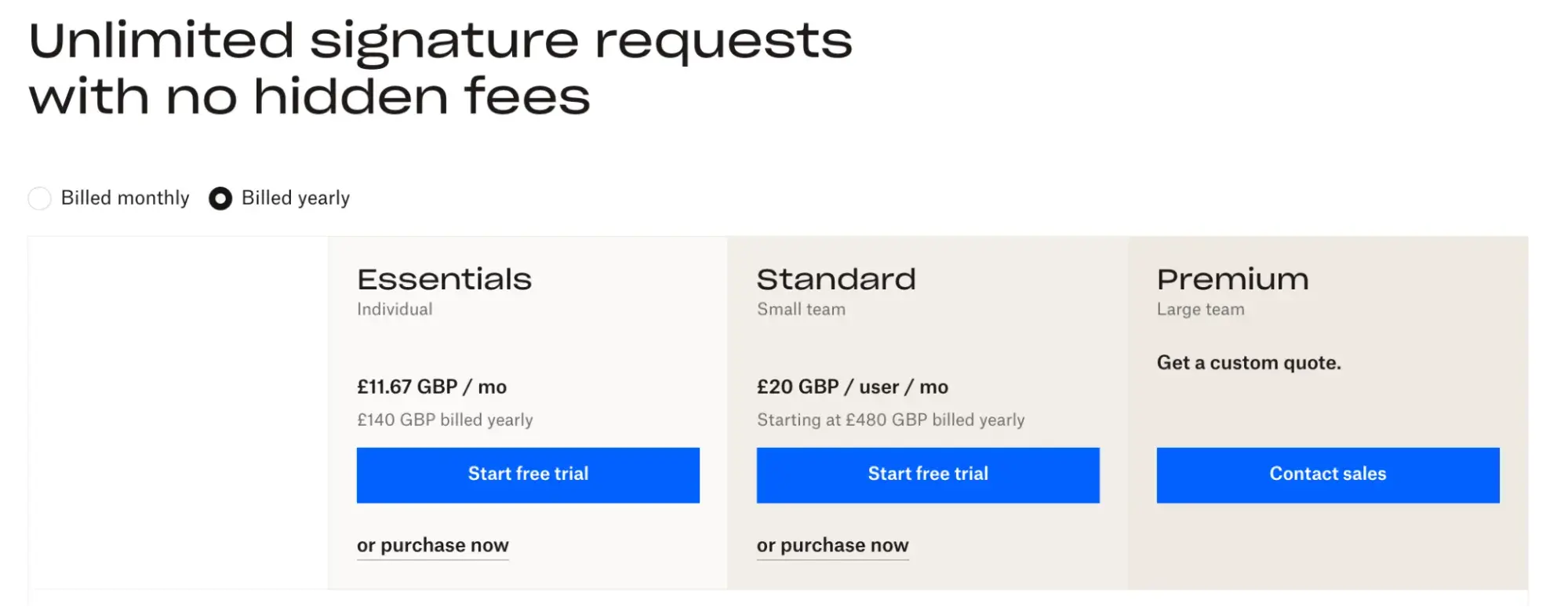 A pricing table for a signature request service with three tiers: Essentials (£11.67 GBP/mo for individuals), Standard (£20 GBP/user/mo for small teams), and Premium (custom quote for large teams).