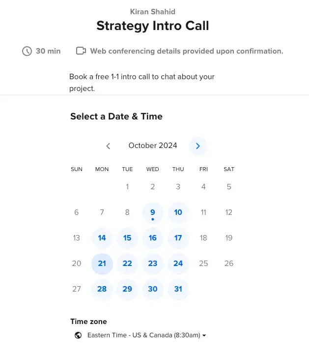 A calendar showing October 2024 with available dates for booking a 30-minute strategy intro call with Kiran Shahid.