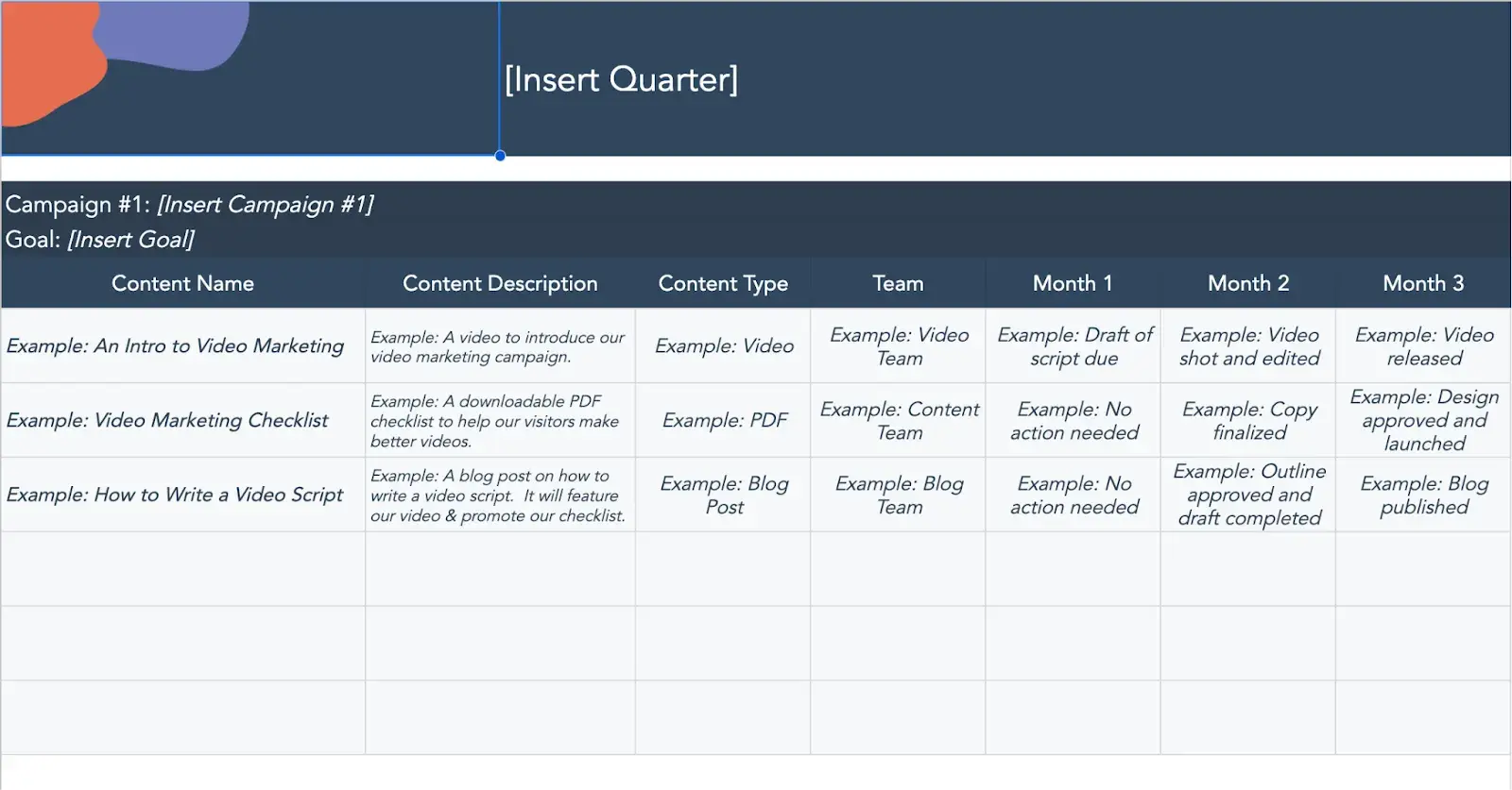 screenshot of a campaign-tracking spreadsheet.