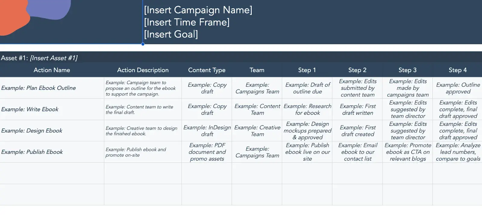 screenshot of campaign-tracking spreadsheet.