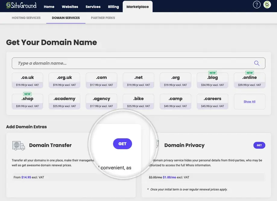 How to start transferring the domain name at SiteGround.