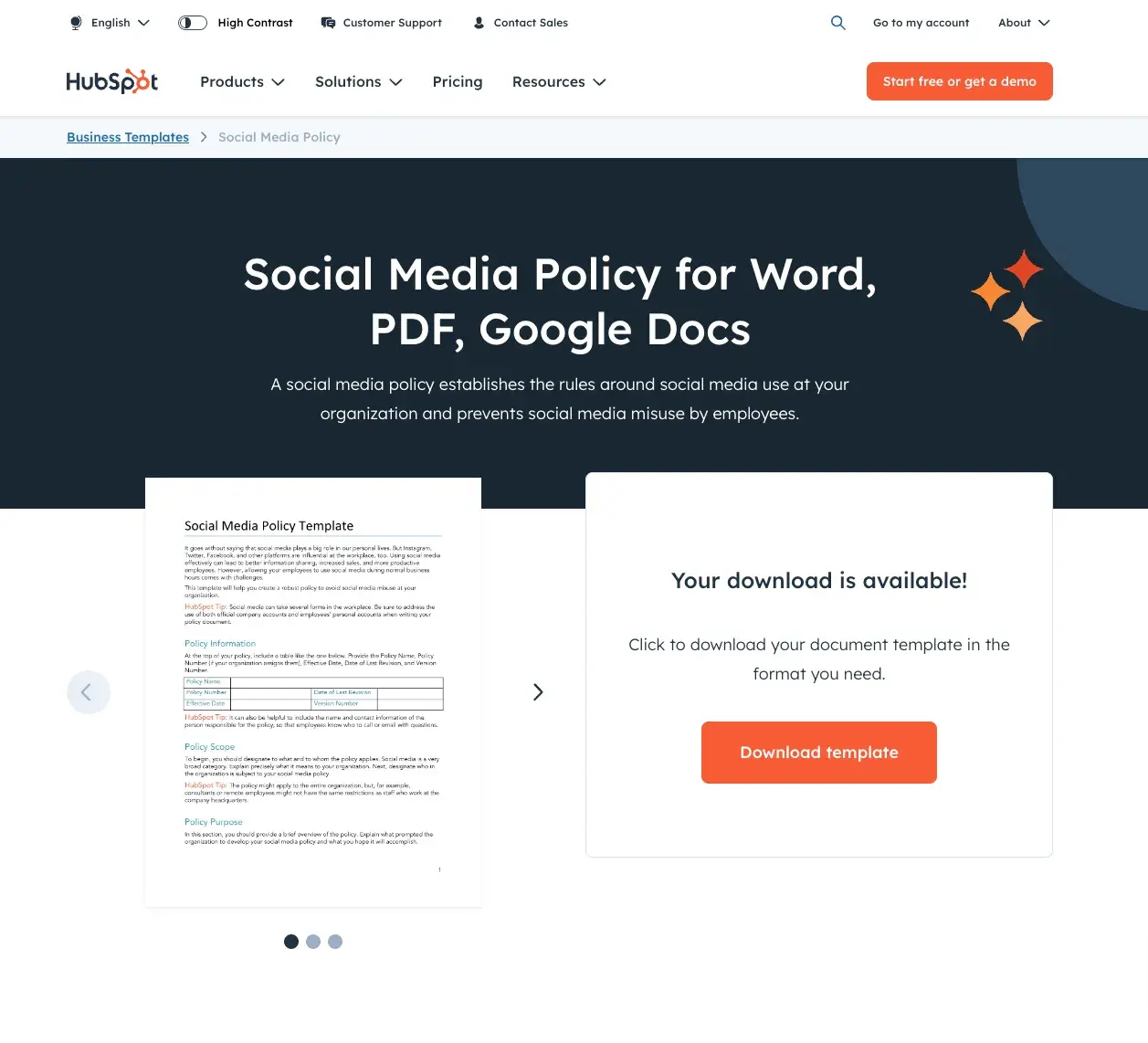 HubSpot's free social media policy template can be downloaded as a PDF, Google, or Word document.