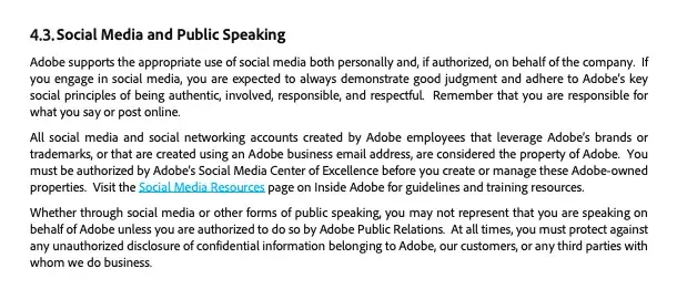 Screenshot of Adobe's social media policy