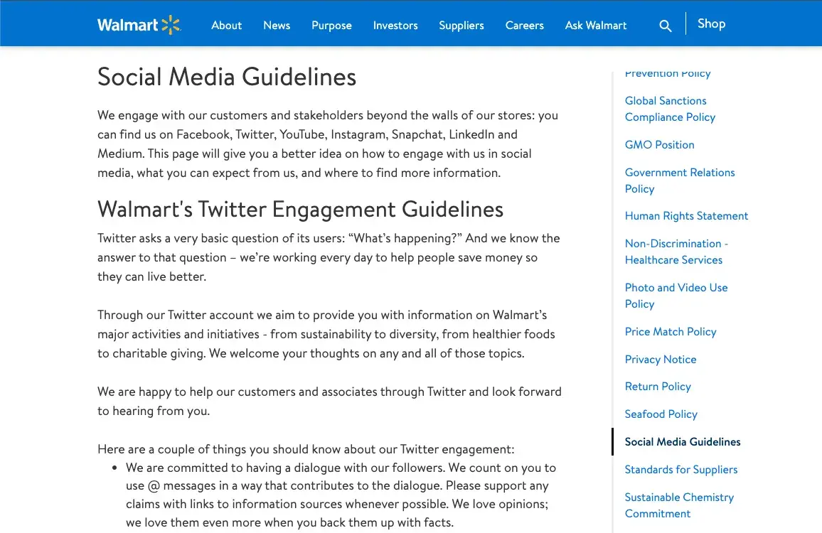 Screenshot of Walmart's social media policy