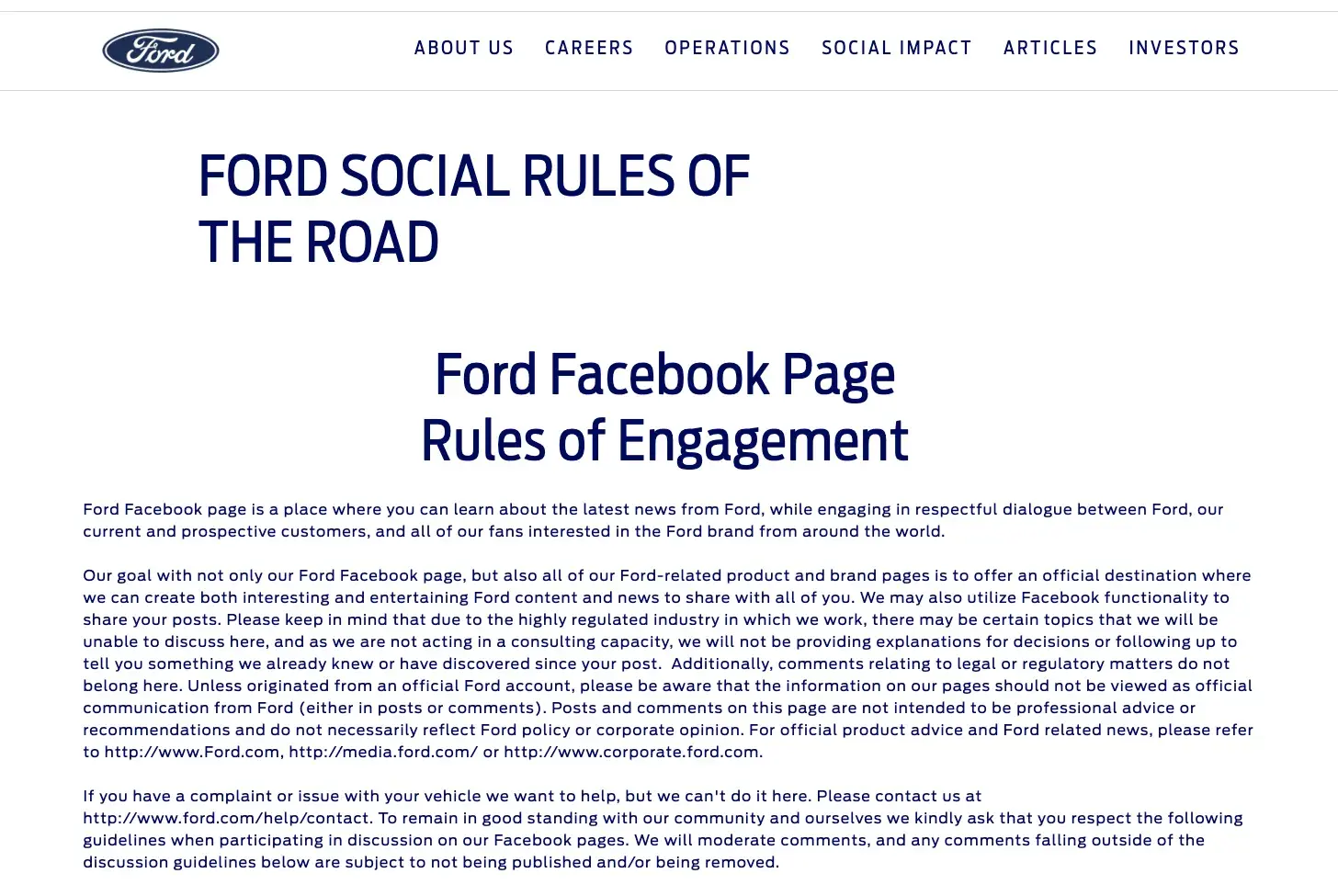 Screenshot of Ford Motors' social media policy