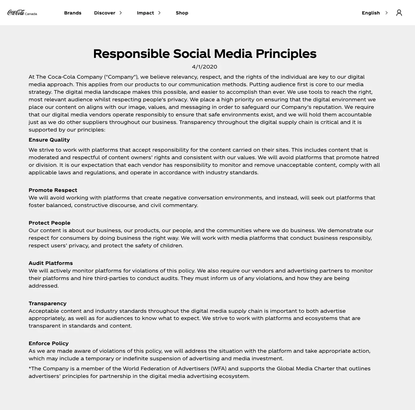 Screenshot of Coca-Cola's social media policy