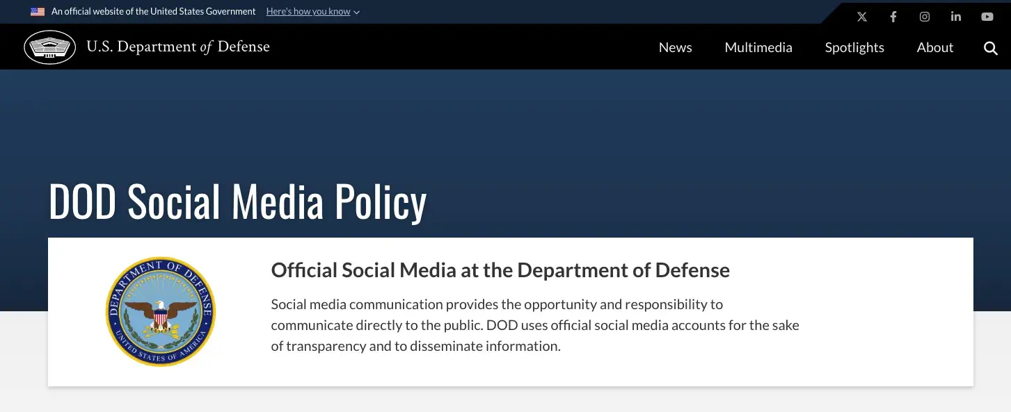 Screenshot of the Department of Defense social media policy