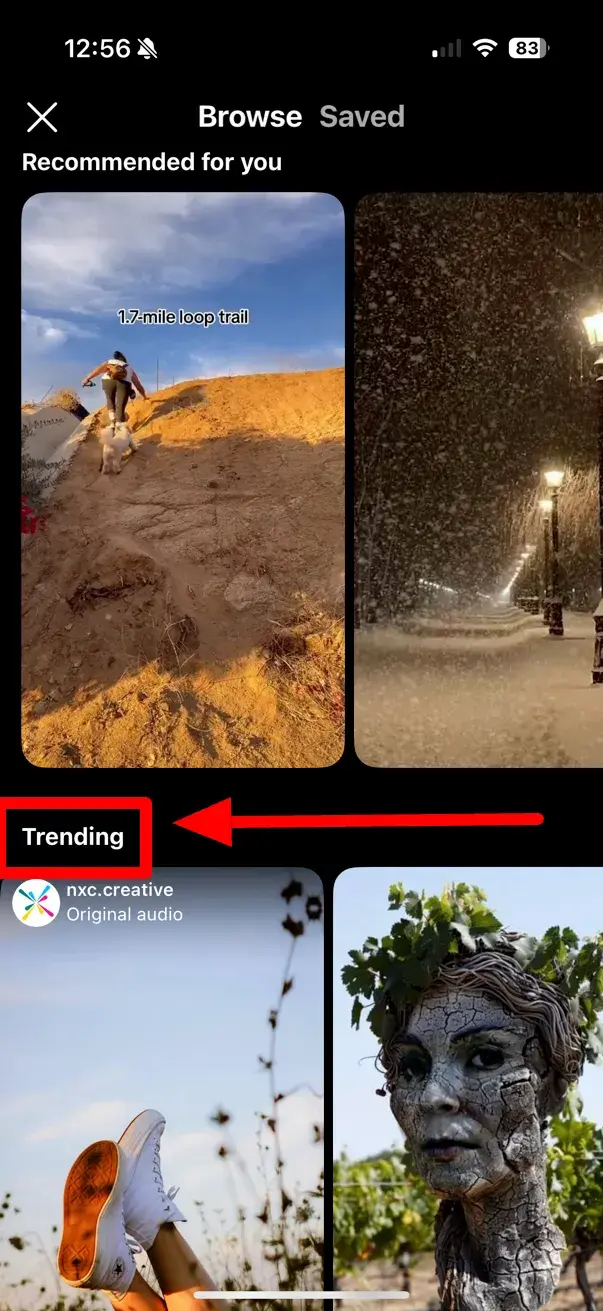 Screenshot showing how trending videos can be found in the Instagram app.