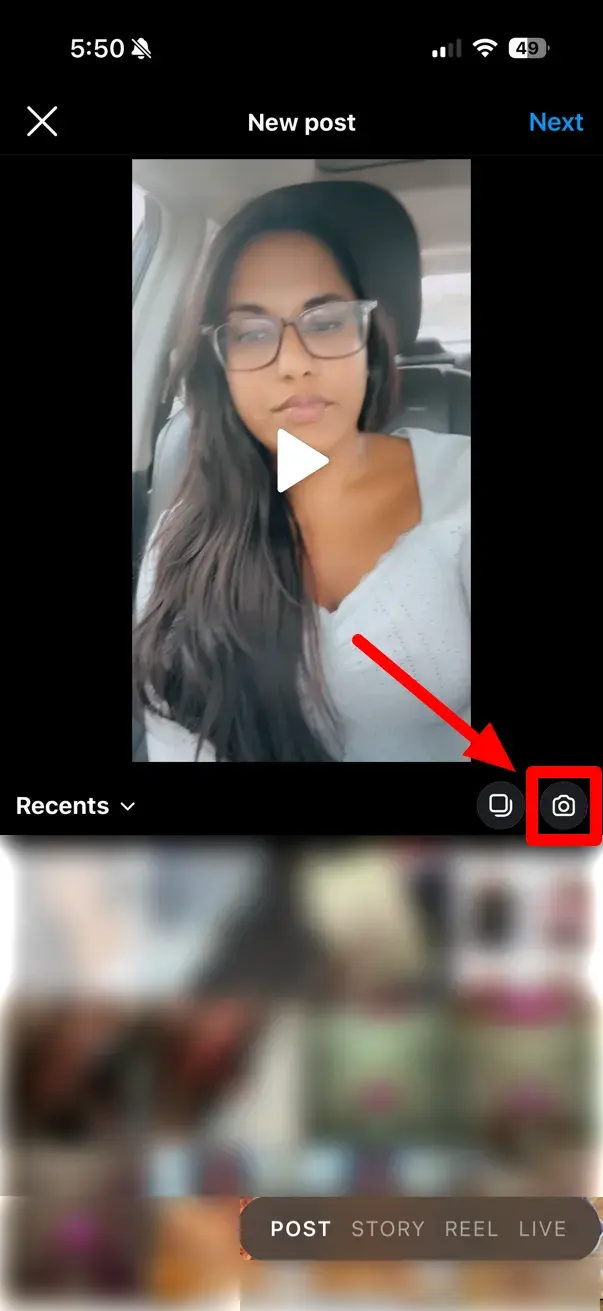 Screenshot showing the icon you click to record a via from within the Instagram app.