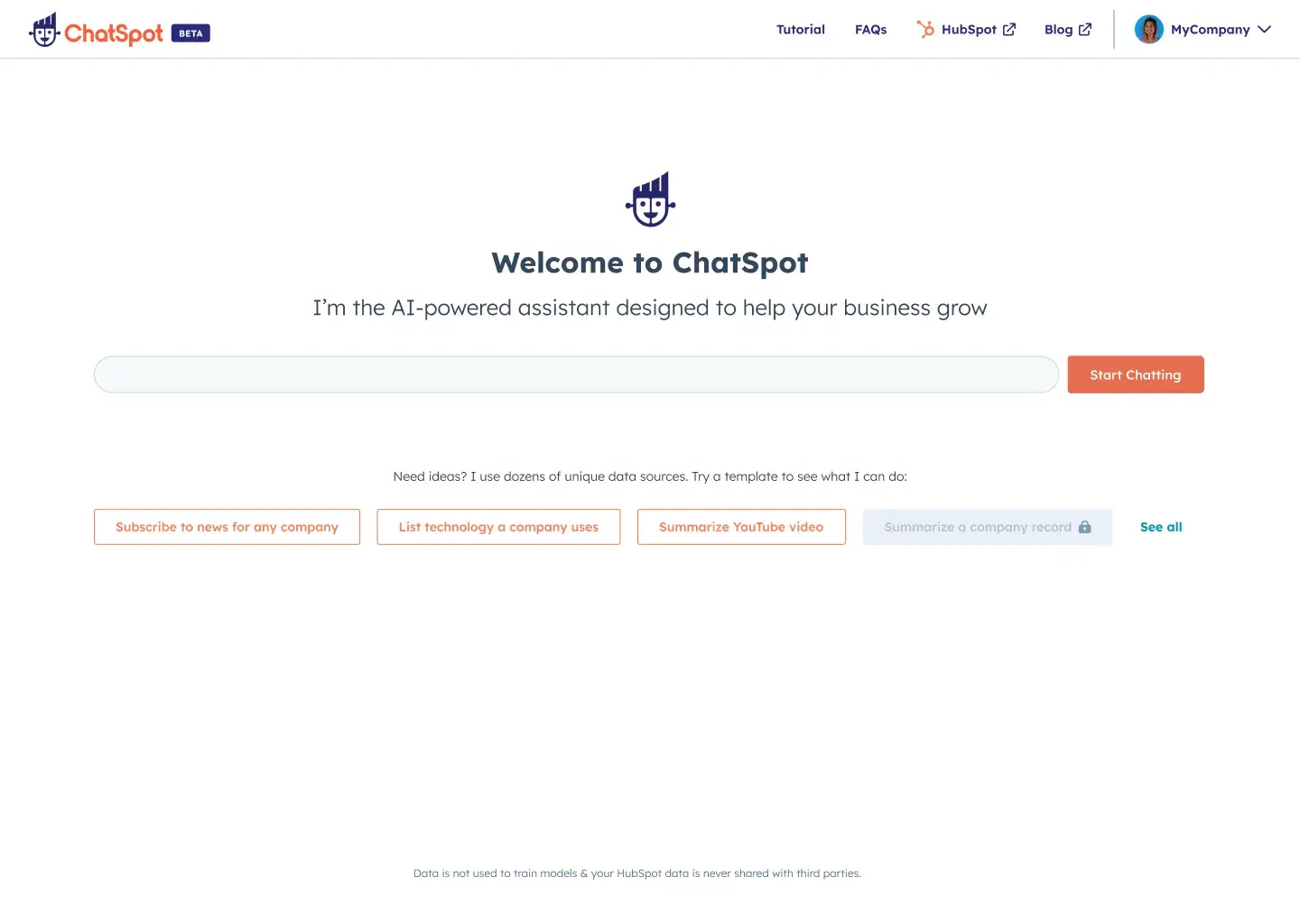 Screenshot of ChatSpot. HubSpot’s AI that integrates with their CRM database.