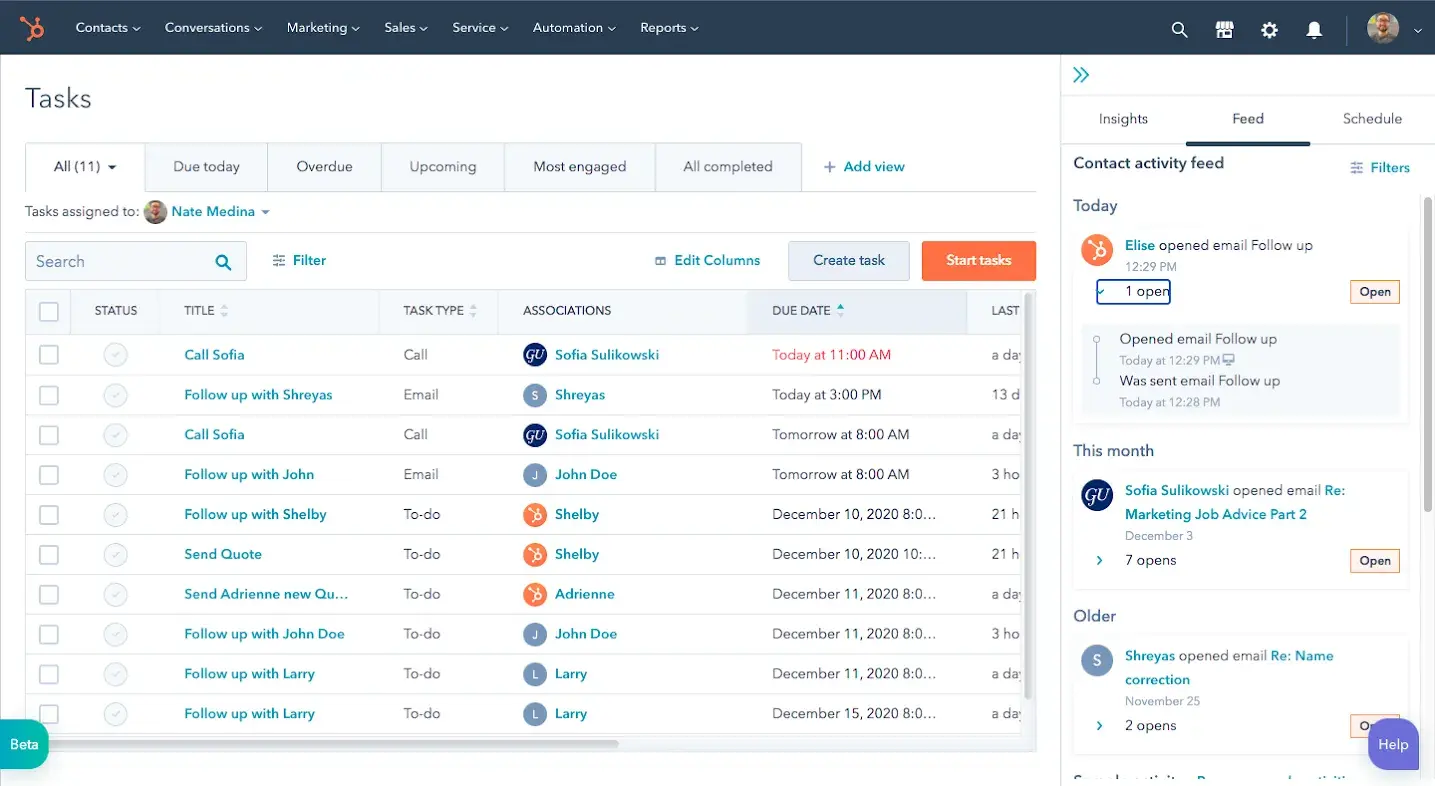 Screenshot of HubSpot’s tasks management software within the CRM database.