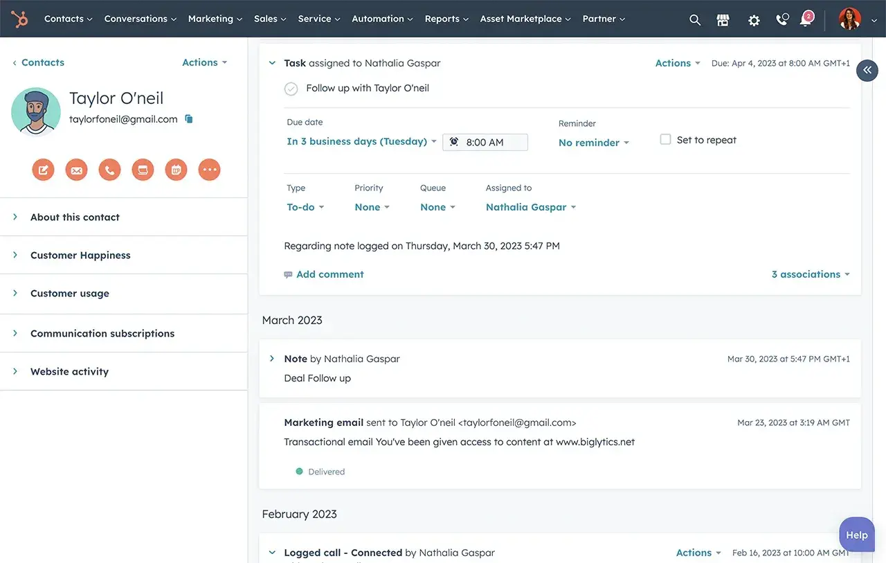 CRM features: HubSpot CRM contact record\https://www.hubspot.com/products/crm/contact-management