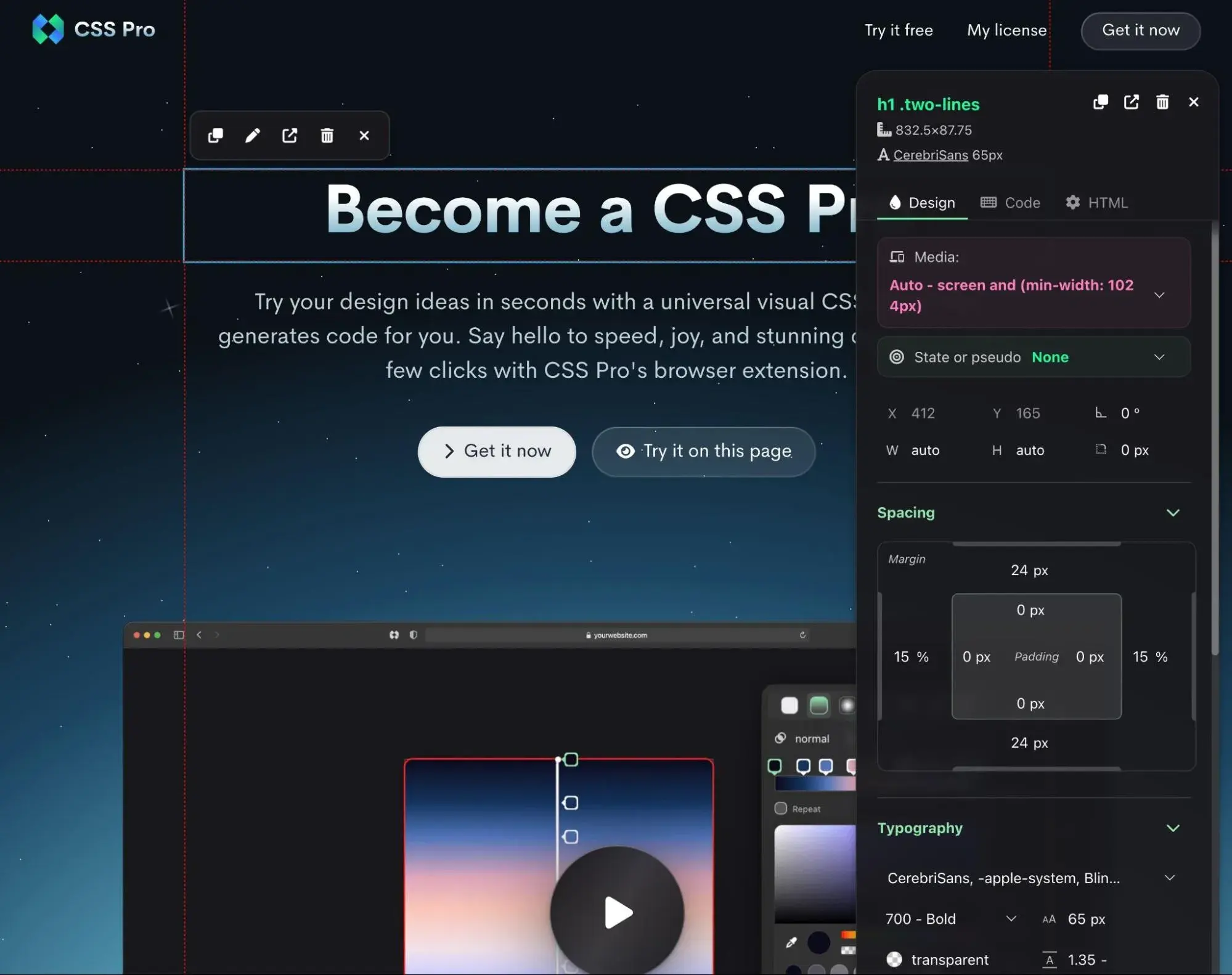 CSS tools: The CSS Pro interface for adjusting CSS