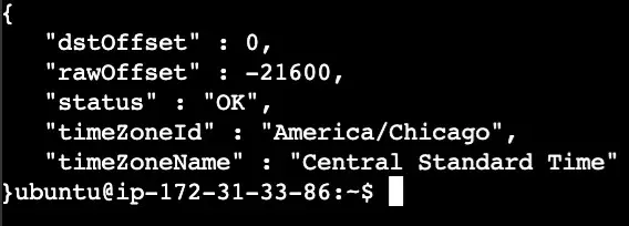 The response from a curl command made to Google Maps shown in the terminal