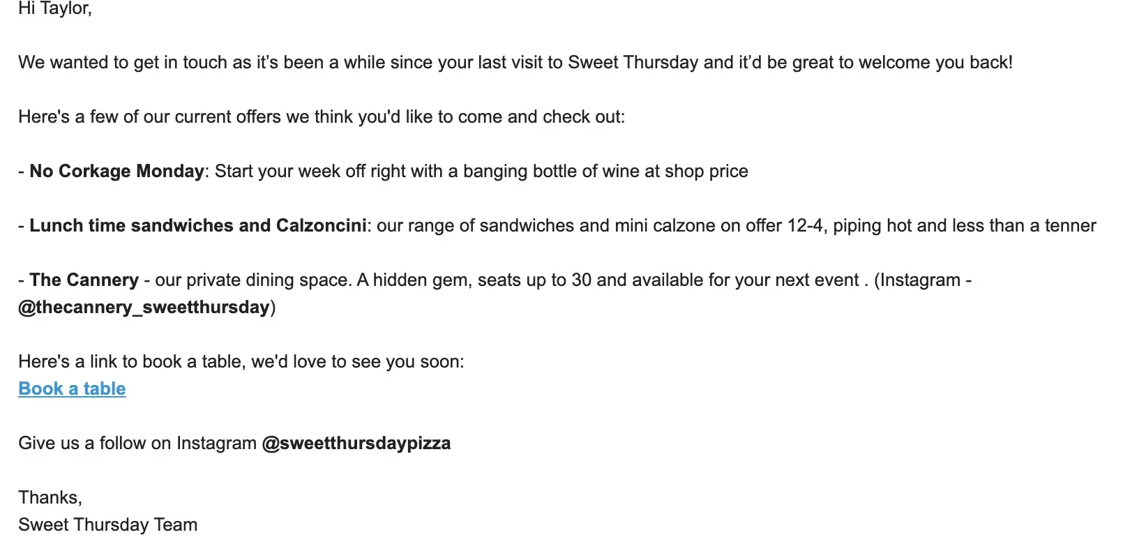 customer experience automation: automated follow-up email from sweet thursday restaurant