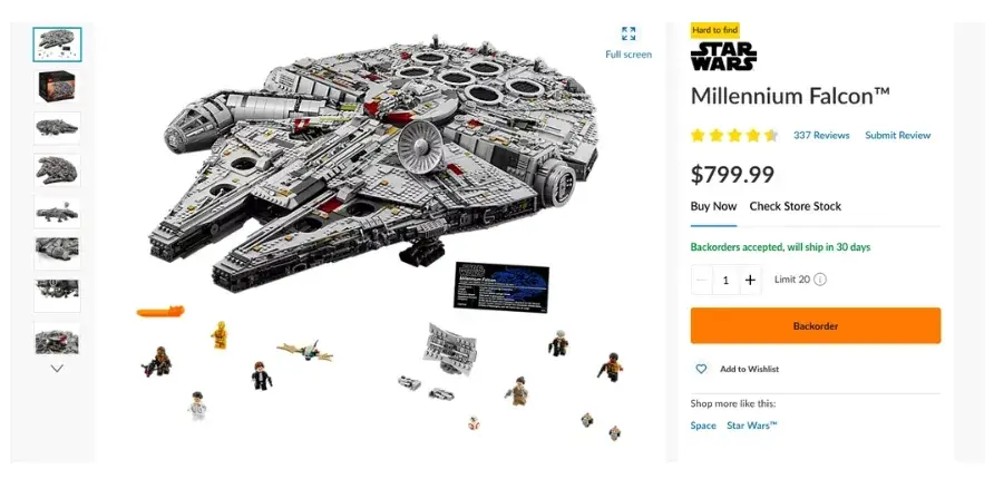 Lego product page with CTA for customer to make purchase decision