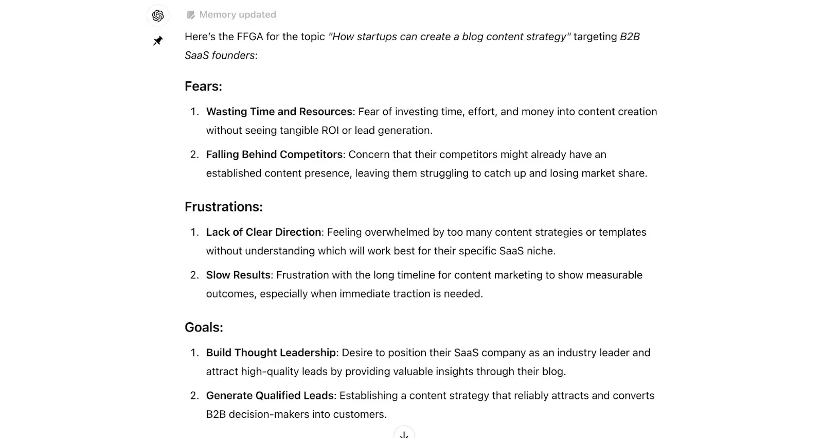  Output for the FFGA prompt providing customer insights.