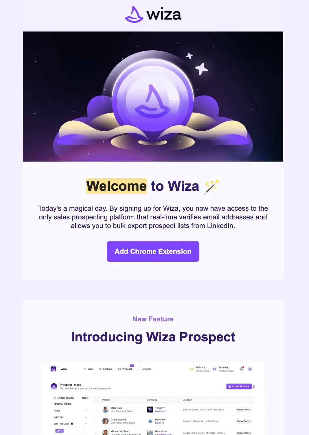 use a welcome email like Wiza for your customer onboarding