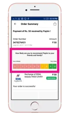 paytm mobile app displaying a successful recharge transaction and a net promoter score survey, customer satisfaction survey examples