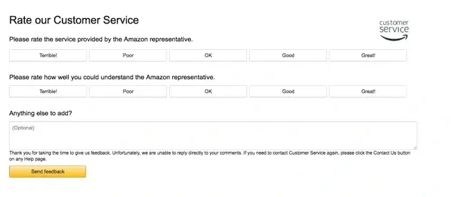 amazon customer service feedback survey with ratings for service quality and representative clarity, customer satisfaction survey examples