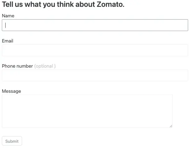 zomato feedback form with fields for name, email, phone number, and message box, customer satisfaction survey examples