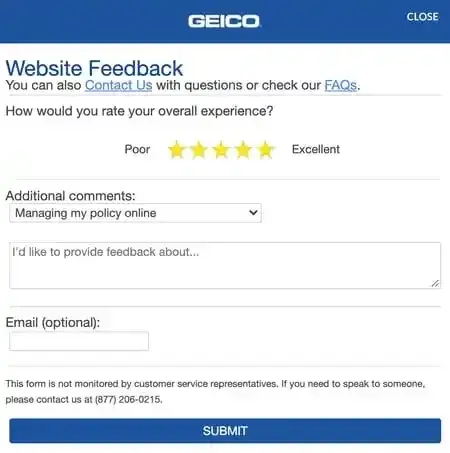 geico website feedback form with options to rate overall experience, customer satisfaction survey examples