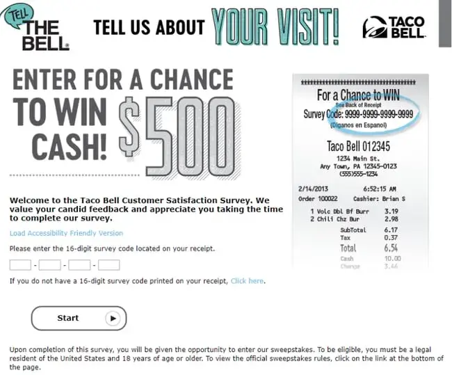 taco bell customer satisfaction survey webpage with a chance to win $500 cash, customer satisfaction survey examples