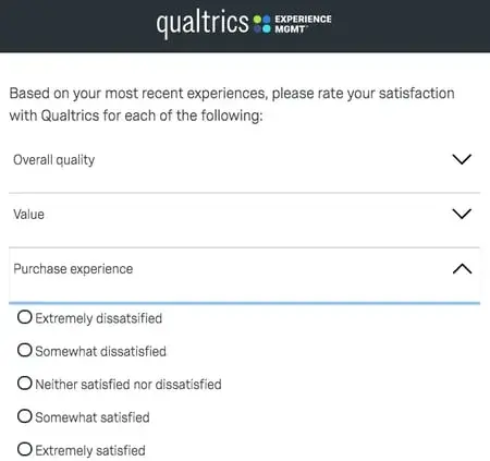 qualtrics customer satisfaction survey with dropdown menus to rate overall quality, value, and experience, customer satisfaction survey examples