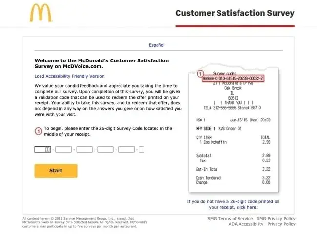 mcdonalds customer satisfaction survey webpage with a field to enter 26-digit survey code from receipt, customer satisfaction survey examples