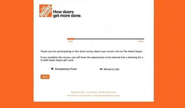 home depot customer satisfaction survey webpage with chance to win $5000 gift card, customer satisfaction survey examples