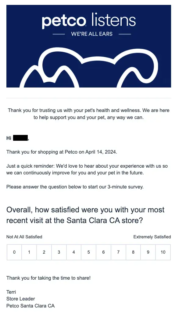 petco customer satisfaction survey email with a scale of 0-10 to rate satisfaction with store visit, customer satisfaction survey examples